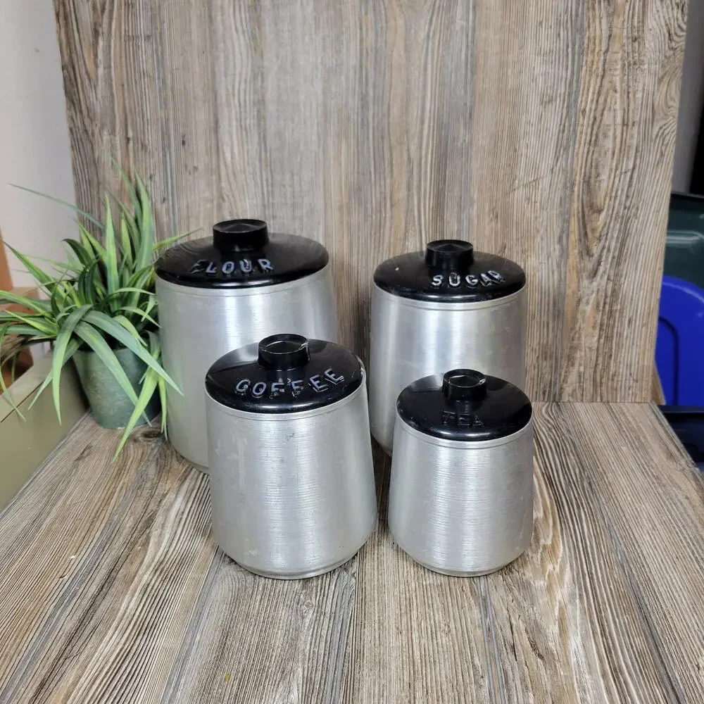 Vintage Kromex Canisters Spun Aluminum, Flour Sugar Coffee Tea MCM Set of 4